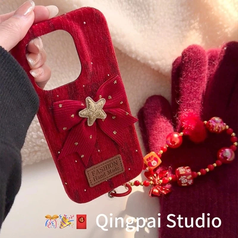 ins新年毛呢红色蝴蝶结带链条适用苹果16pro手机壳iphone15新款14