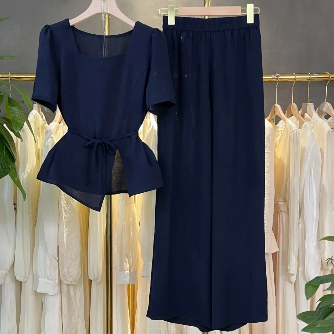 时尚休闲套装2025夏季新款方领显瘦短袖上衣+裤裙两件套M305