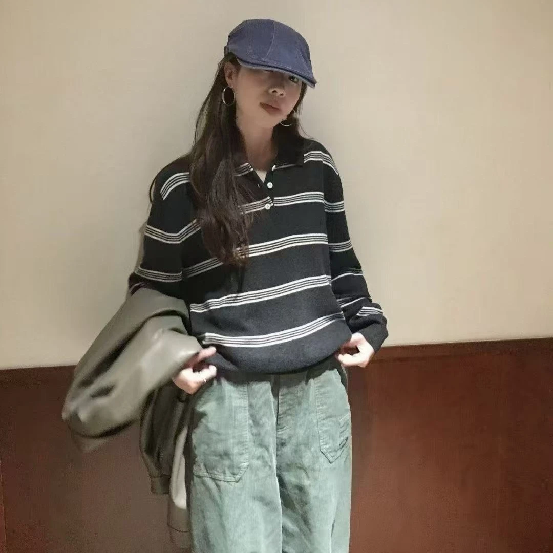 ZZS5394 秋款气质百搭撞色polo翻领设计条纹显瘦针织上衣女 58