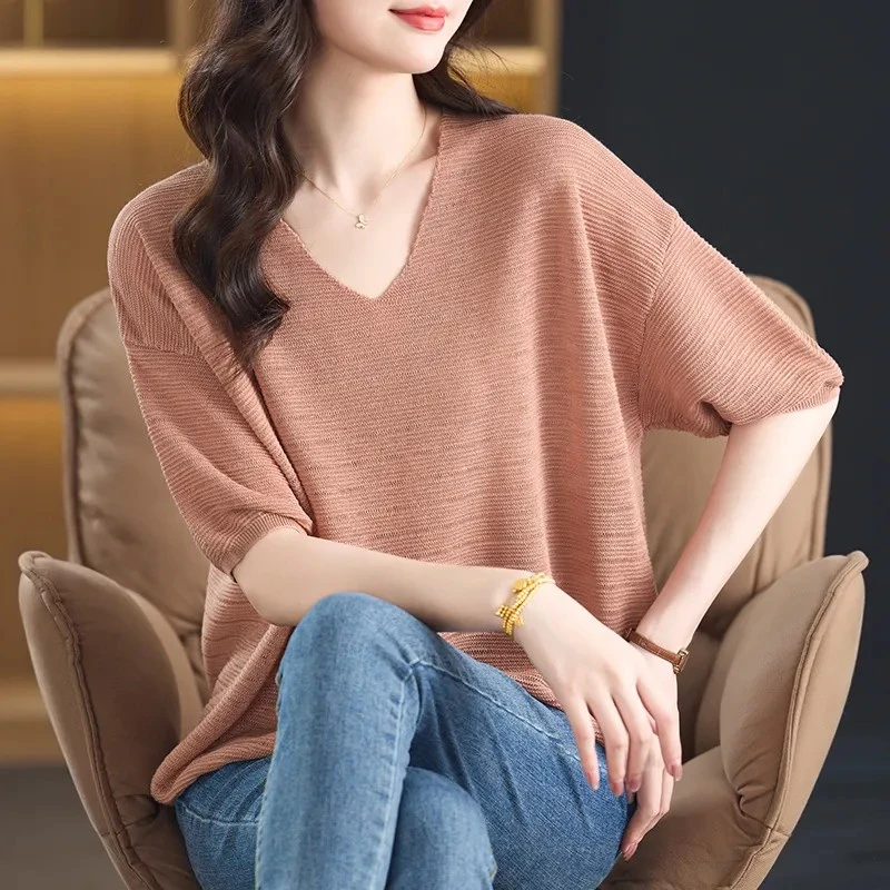 冰丝2025针织衫薄款短袖新款夏季宽松上衣T恤大码妈妈V领打底女装