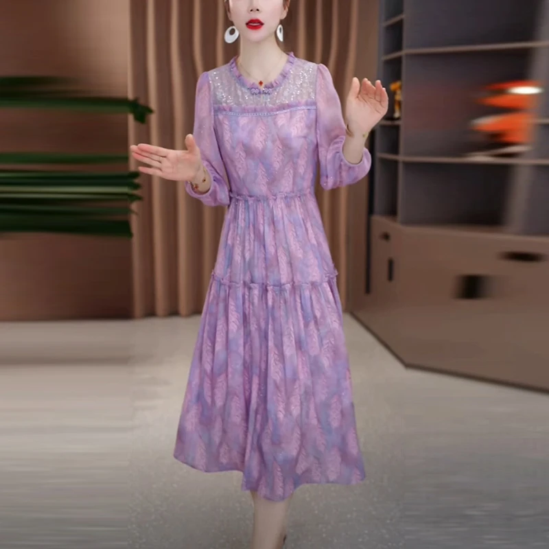莱赛尔轻奢高贵女装2025秋季新款长袖碎花中长款修身显瘦连衣裙子