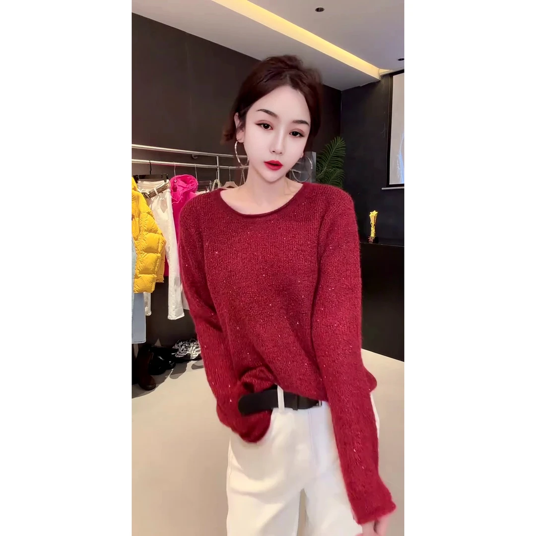 欧货定制款气质时尚重工闪闪亮片圆领百搭毛衣