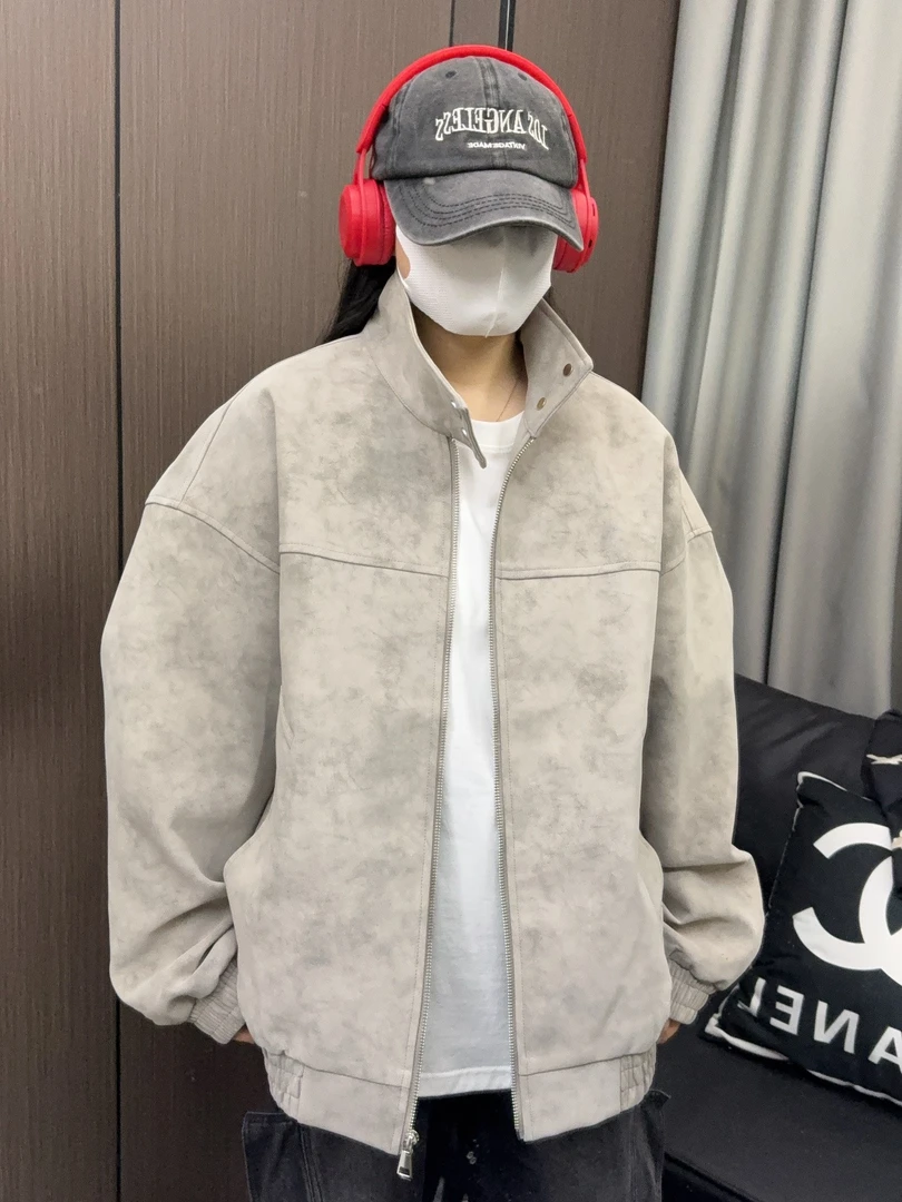 2025秋款美式复古皮衣外套男女宽松百搭扎染水洗潮流中性风皮夹克