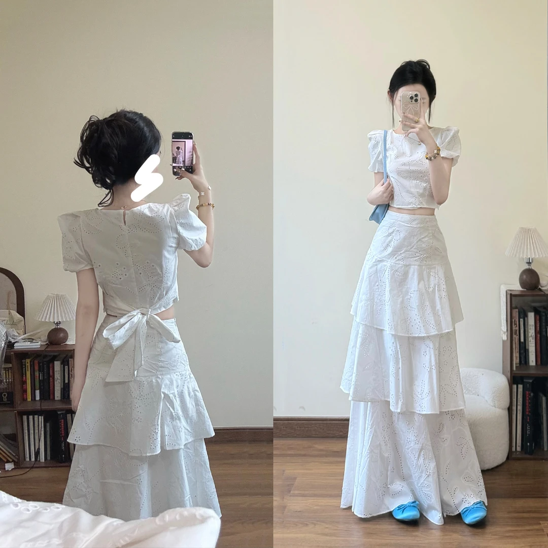 法式白月光气质套装女夏季洋气后背系带短款衬衫+高腰镂空半身裙