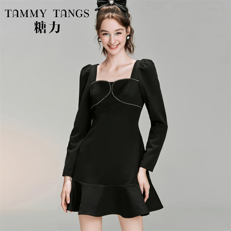 糖力法式小黑裙长袖精致钻饰方领显瘦鱼尾连衣裙女