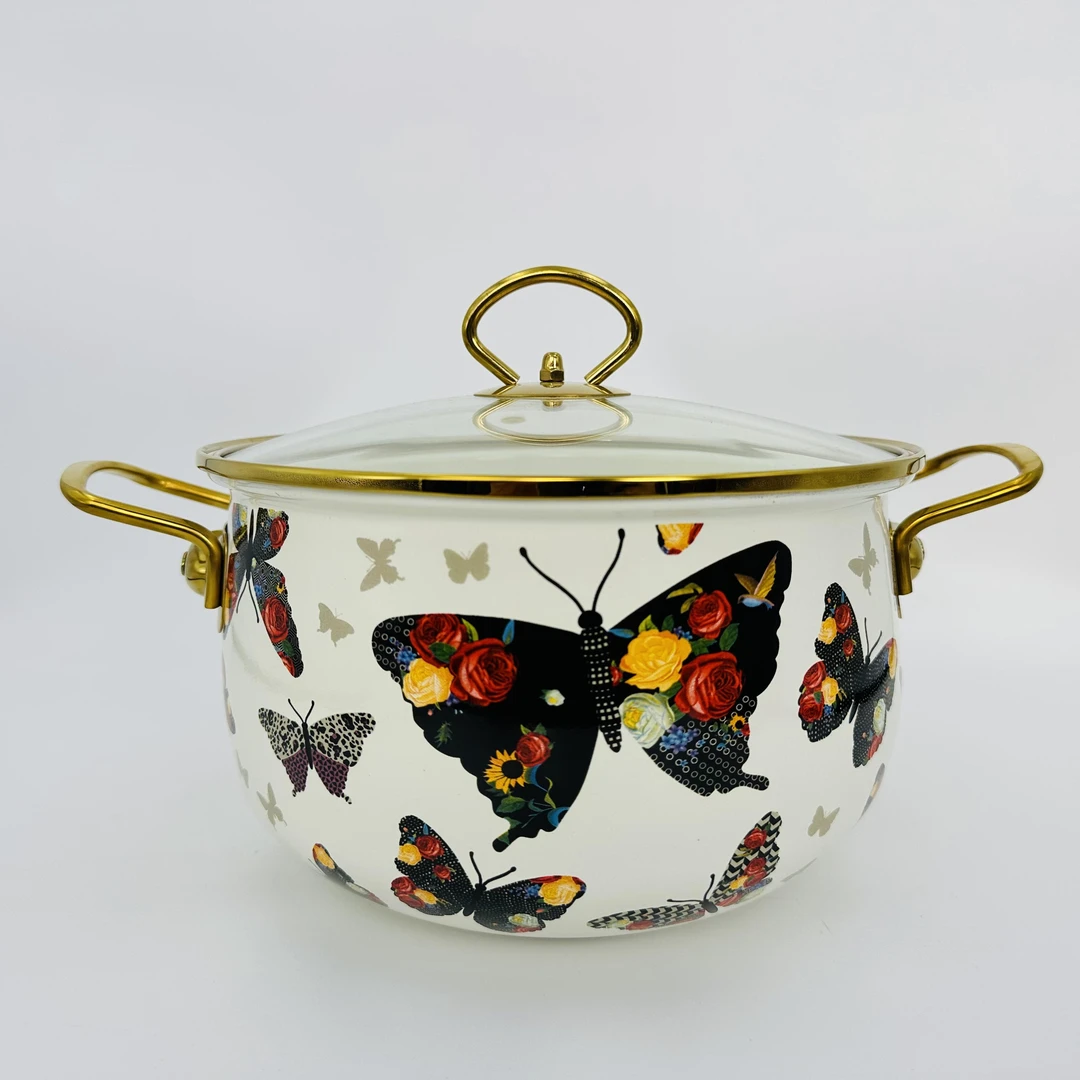 24cm珐琅搪瓷金边汤锅加深双耳炖锅电磁炉明火通用【蝴蝶花】