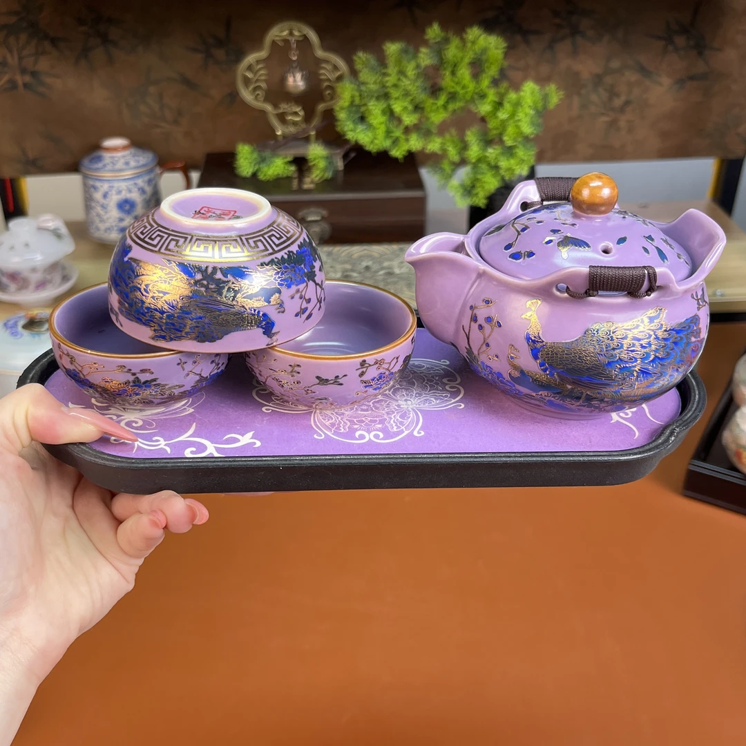 Z3230-周鸿杰老师紫色变色孔雀手抓壶+茶盘
