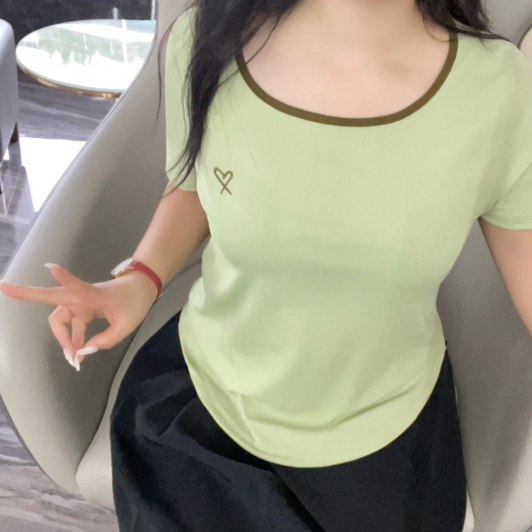 胖MM栖迟 47爱心夏季显瘦宽松百搭设计感撞色拼接小众百搭上衣女