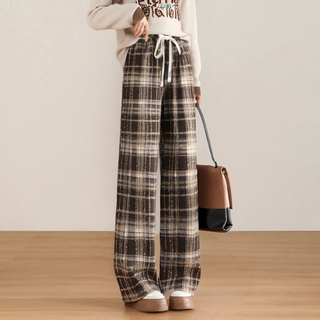 【李不了】复古潮流宽松时尚百搭毛呢格子休闲裤 OB08Y44001