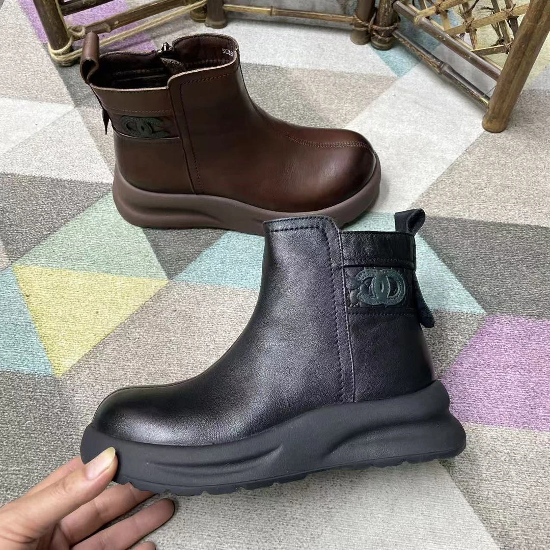 50387-2秋冬季圆头防滑中跟马丁靴加绒舒适百搭简约时尚厚底软底