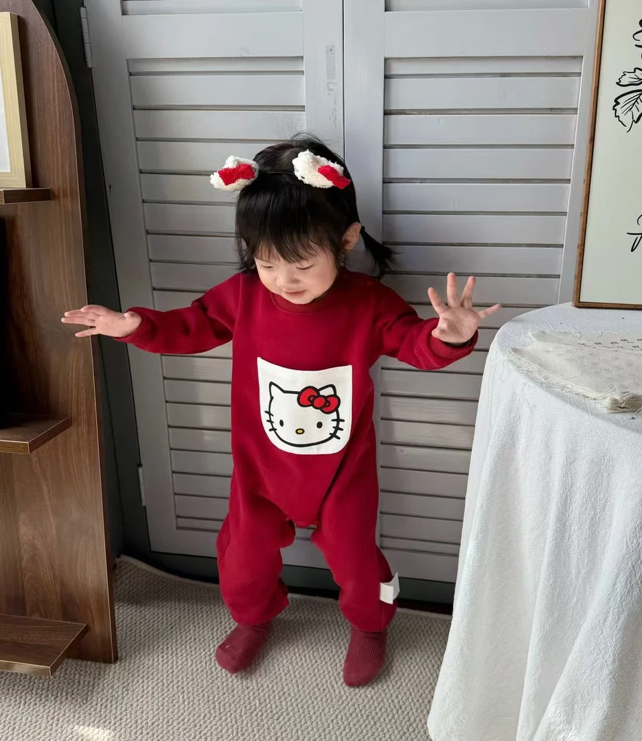 【恭喜发财】新年秋冬款银狐绒宝宝爬衣卡通保暖加绒婴儿连体衣长袖