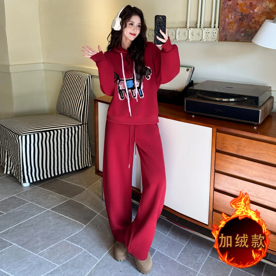 网红洋气红色休闲运动套装女秋冬加绒连帽卫衣显瘦阔腿裤两件套潮