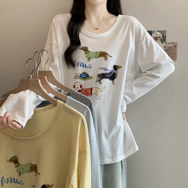 现货实拍2025早秋新款胖mm大码女时尚减龄印花小狗圆领长袖T恤