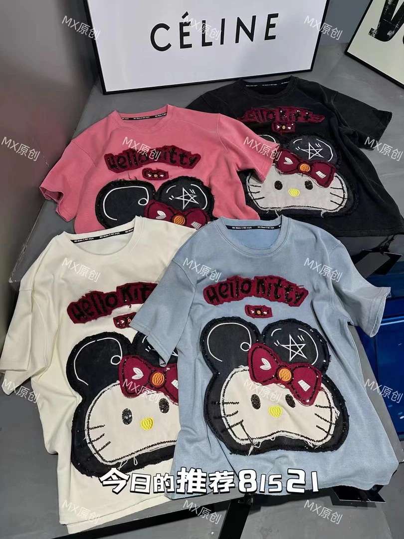 欧若风春夏最新款卡通公仔贴布刺绣宽松大版T恤女上衣