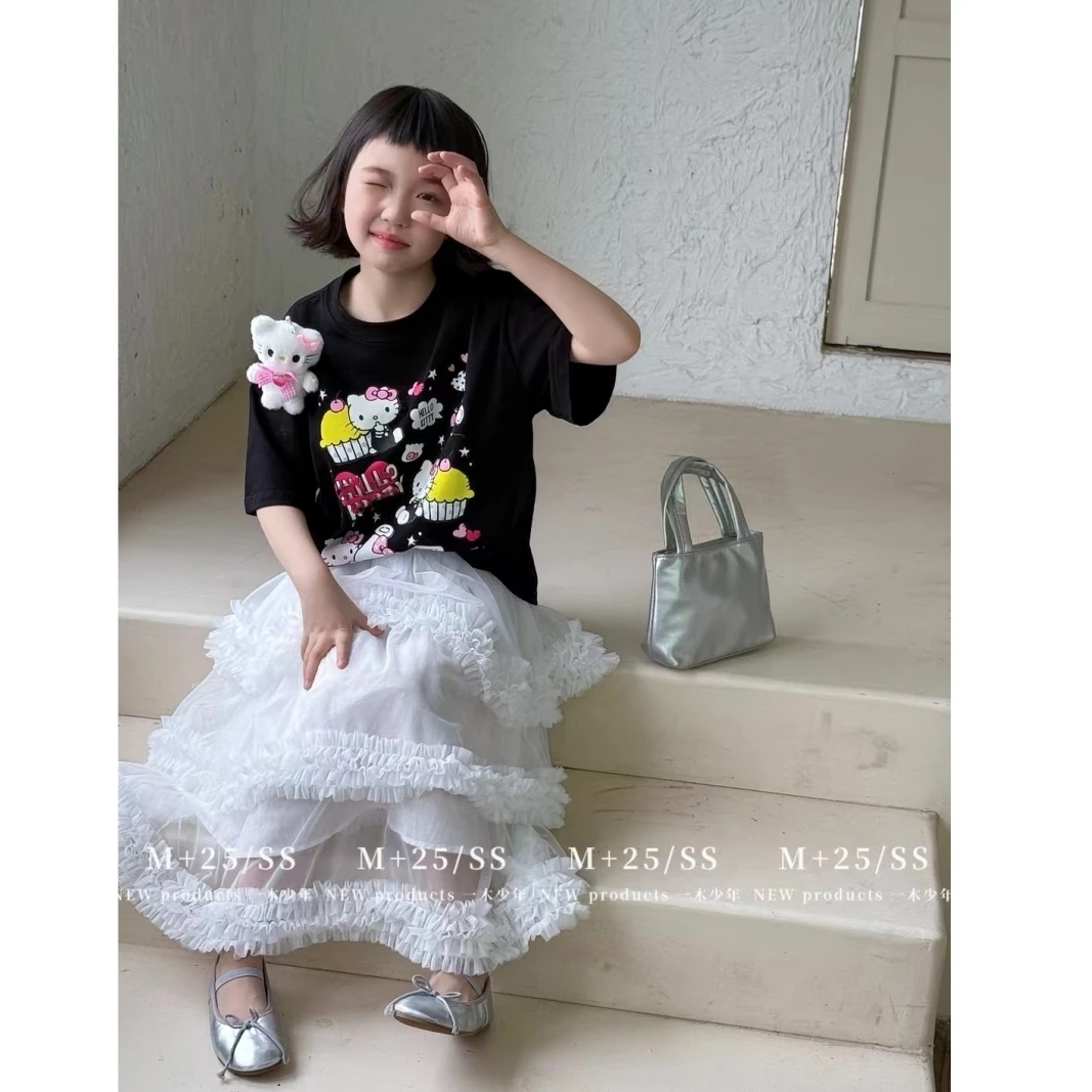 韩版女童装儿童中大童夏季时髦休闲卡通短袖T恤蛋糕裙套装亲子装