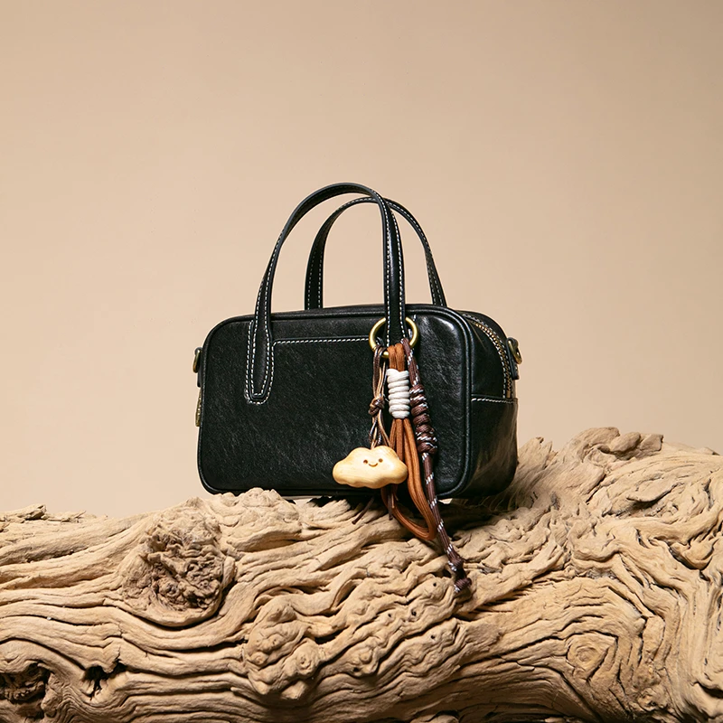 食草堂新款水晶植鞣头层牛皮手提单肩包小方包小方糖