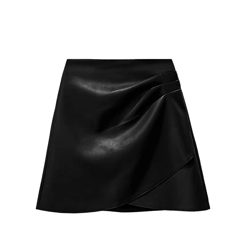 高腰半身裙女秋冬装新款胖M显瘦百搭包臀裙子褶皱大码PU小皮裙