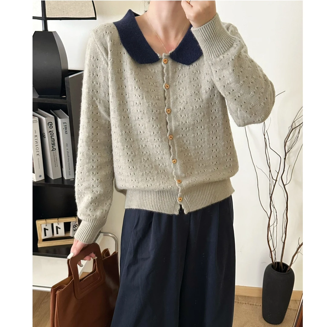 秋冬新款韩版娃娃领爱心扣宽松休闲百搭针织衫开衫1007