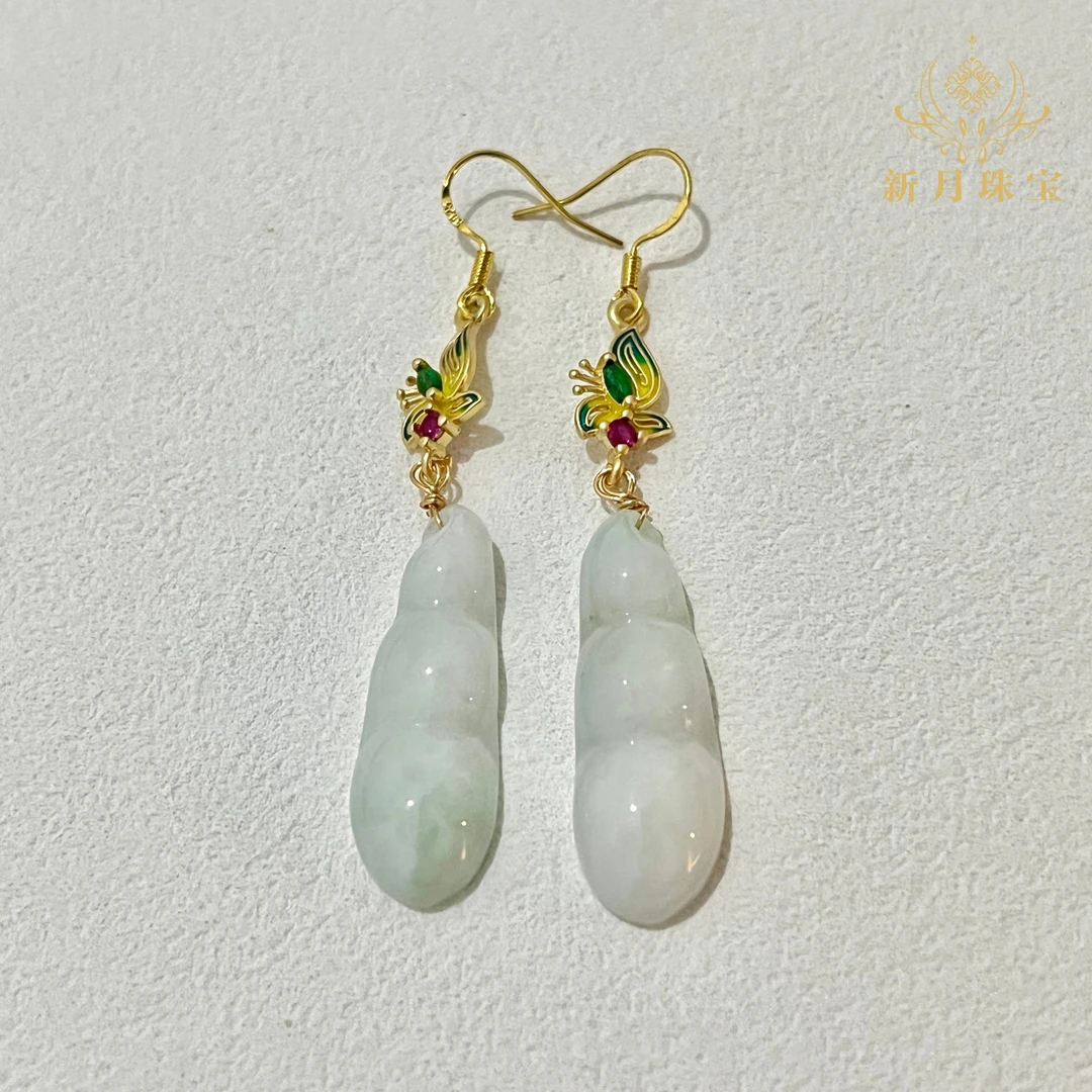 天然A货翡翠四季豆耳饰一对-多样性发一