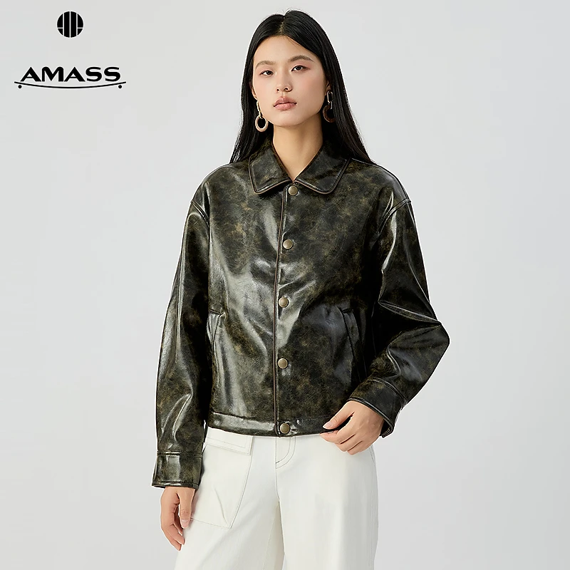 阿玛施AMASS 经典百搭复古时髦擦色舒适翻领PU夹克皮衣外套540026