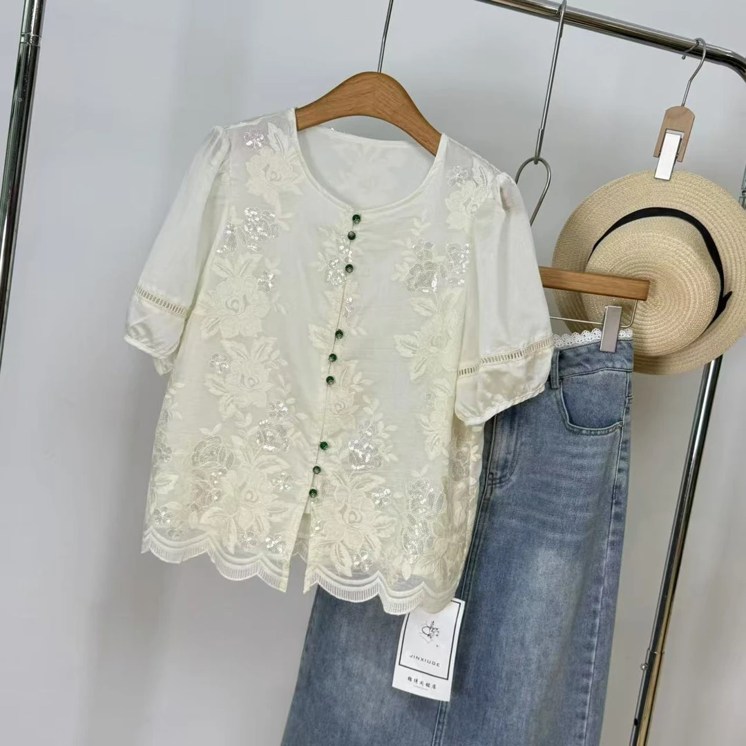 新中式蕾丝刺绣短袖ZBS33225衣长58（卡码往小拍）