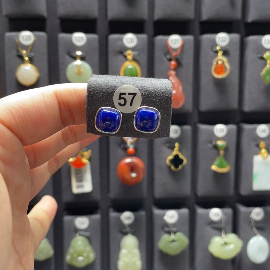 青金石银S925镶嵌耳饰57号