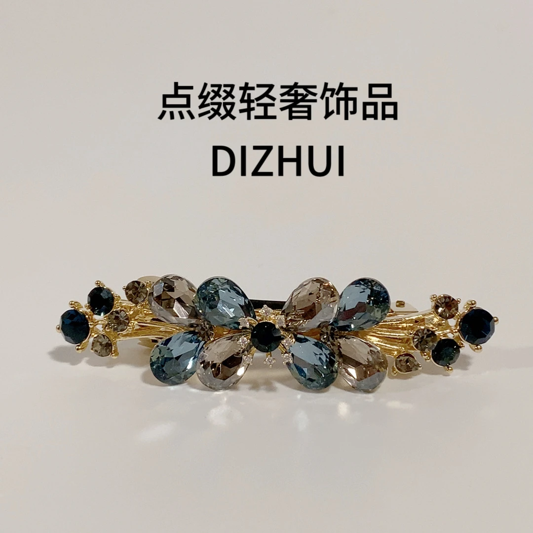 1307蓝灰色蝴蝶夹6公分弹簧夹半披发蓝色钻发夹