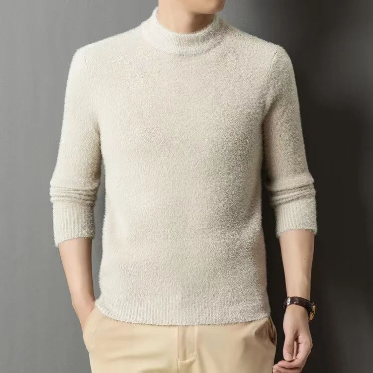 新款仿貂绒毛衣男冬季冬款加绒加厚保暖纯色高档半高领针织打底衫