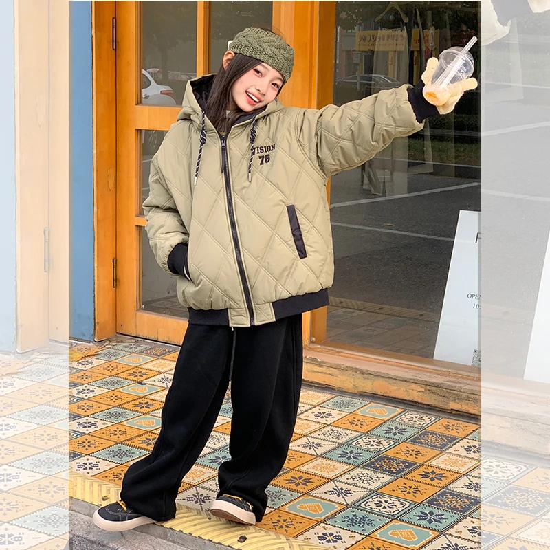 西西家女童2025冬季新款潮流字母连帽棉服儿童两面穿外套JX99016