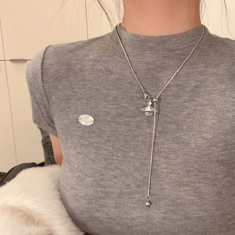 钛钢项链 秋冬百搭星球珍珠流苏可调节项链女长款卫衣链毛衣链