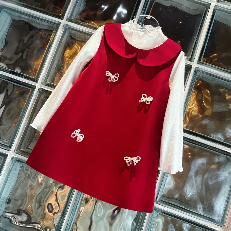周岁女宝礼服秋红色儿童套装连衣裙娃娃领公主裙一周岁抓周宴衣服