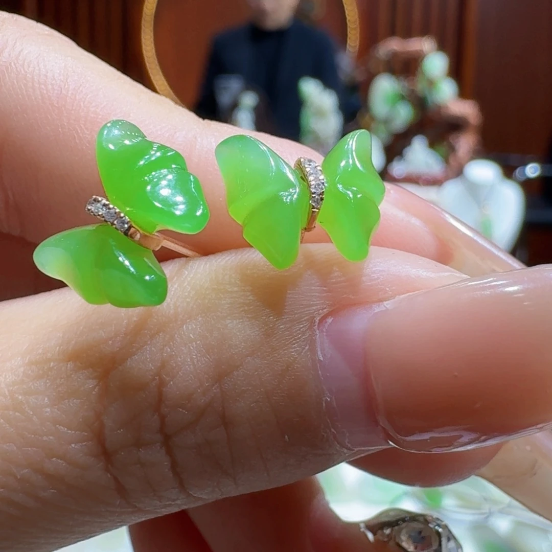 和田玉碧玉耳钉18K金镶嵌