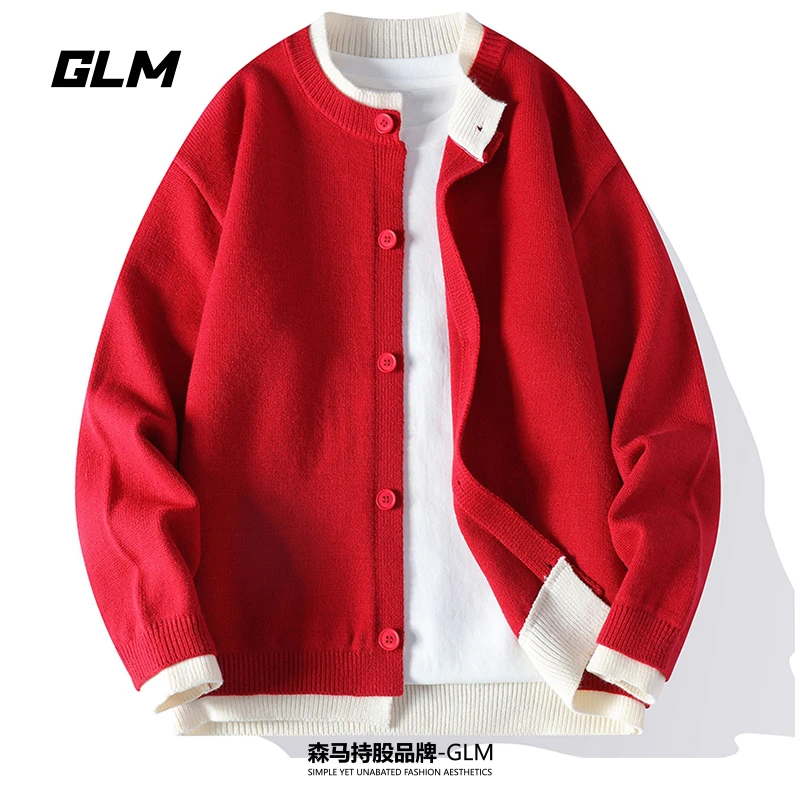 GLM新年红开衫毛衣男生秋冬季新款宽松潮流百搭保暖针织衫外套