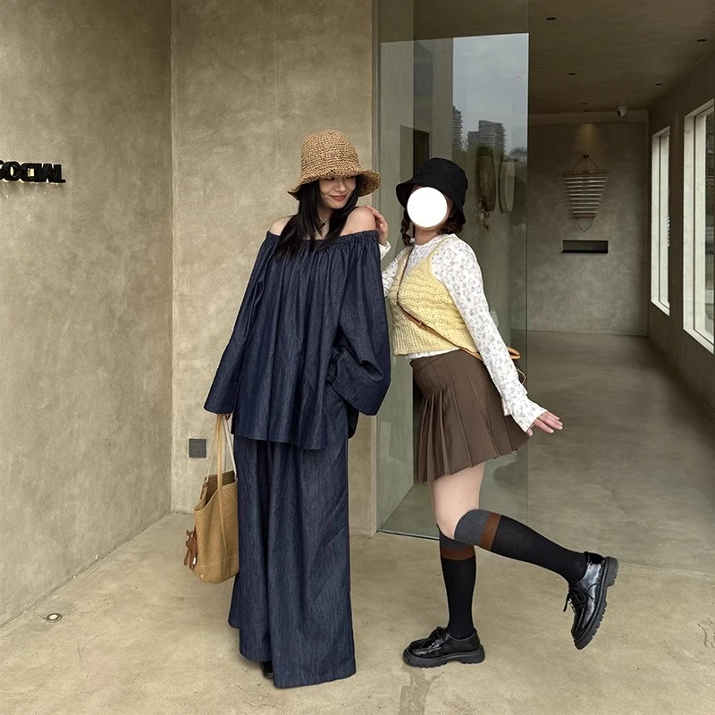 女夏慵懒老钱风休闲时尚一字领牛仔套装复古露肩衬衫阔腿裤两件套