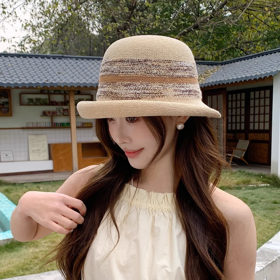 新款韩版夏季针织帽子女时尚气质显脸小礼帽户外旅游遮阳透气盆帽