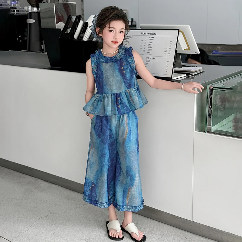 女童夏季蓝色扎染花边套装民族风2025新款中大童牛仔童装阔腿