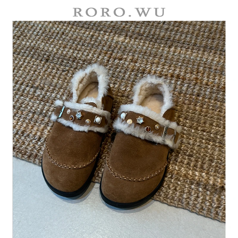 娆娆吴·磨砂牛皮圆头皮带扣保暖毛毛鞋秋冬新款全包勃肯鞋女E58