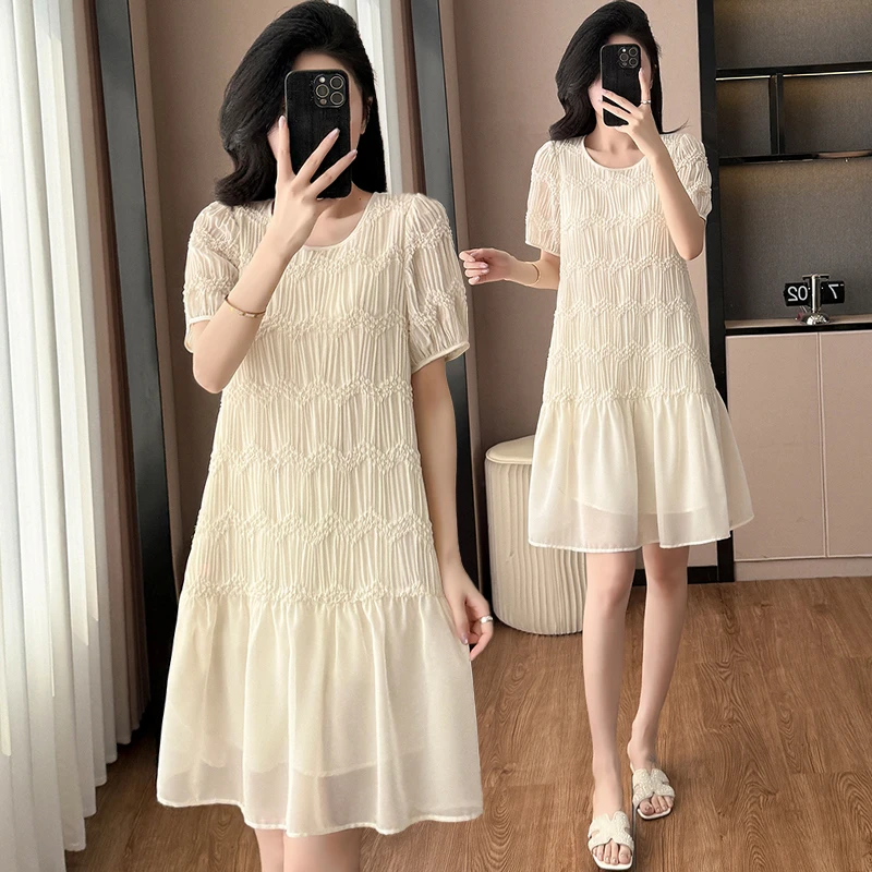 法式圆领褶皱肌理感短袖连衣裙夏女2025新款洋气时尚遮肚子a字裙