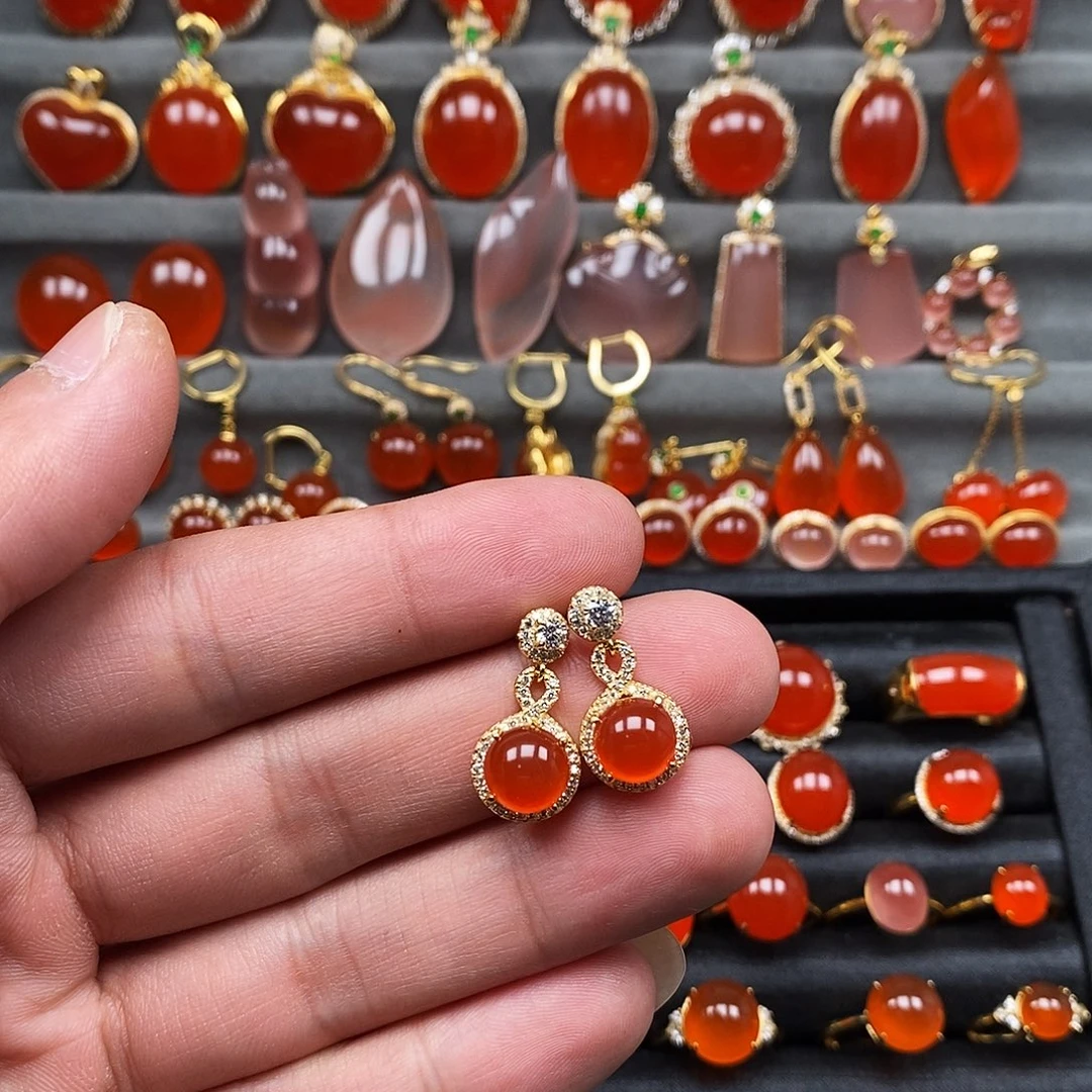 南红玛瑙银S925镶嵌耳饰