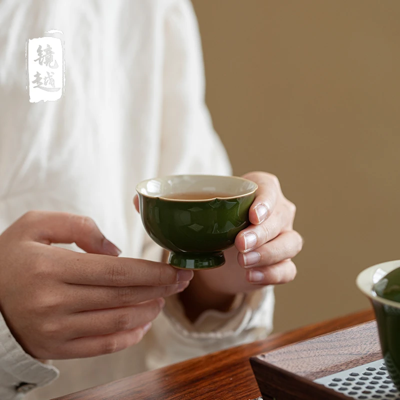 祖母绿花瓣高足茶杯主人杯家用女士品茗杯个人专用茶具单杯