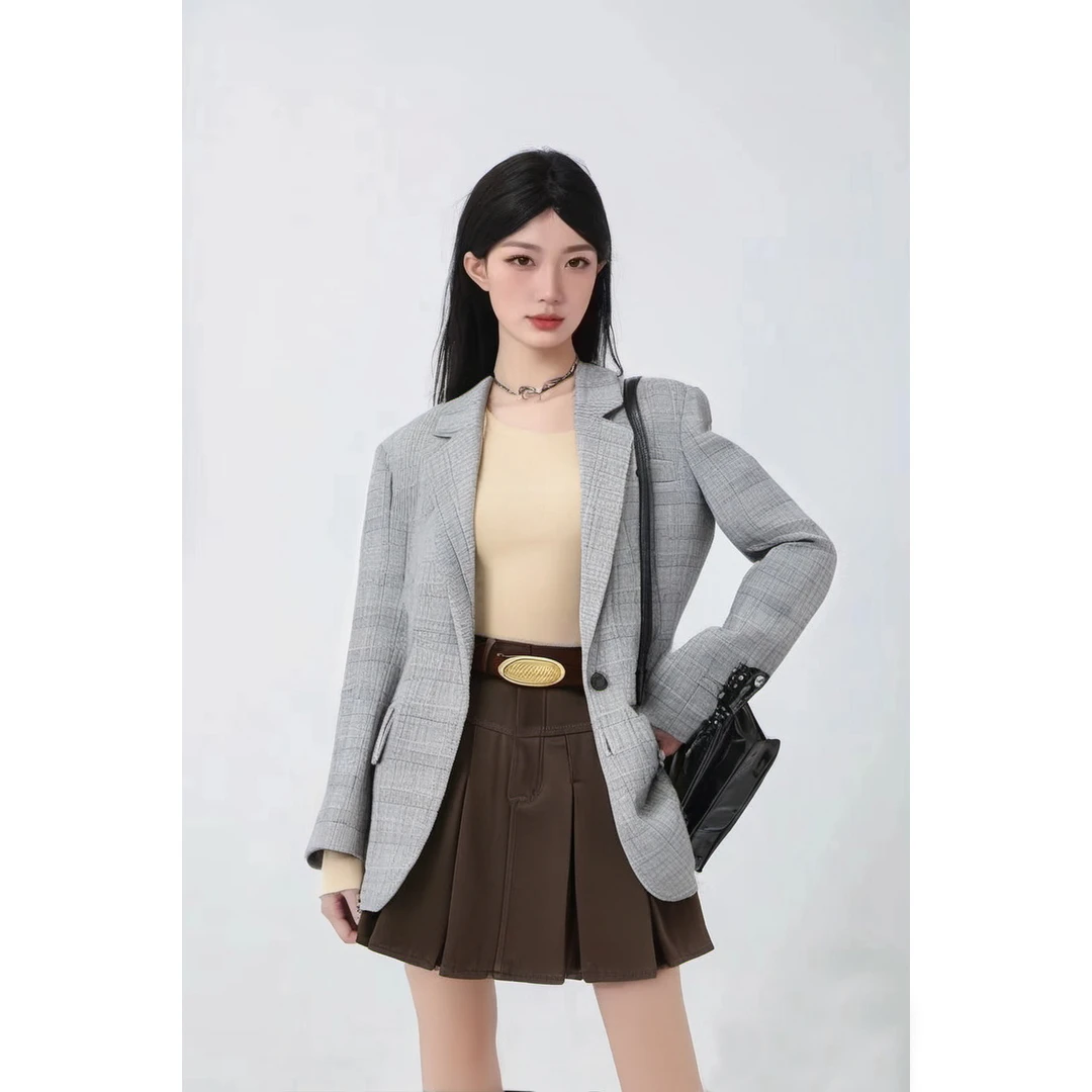 Basic House/百家好休闲格子经典西装夹克 BJ532-HUJK121DGR