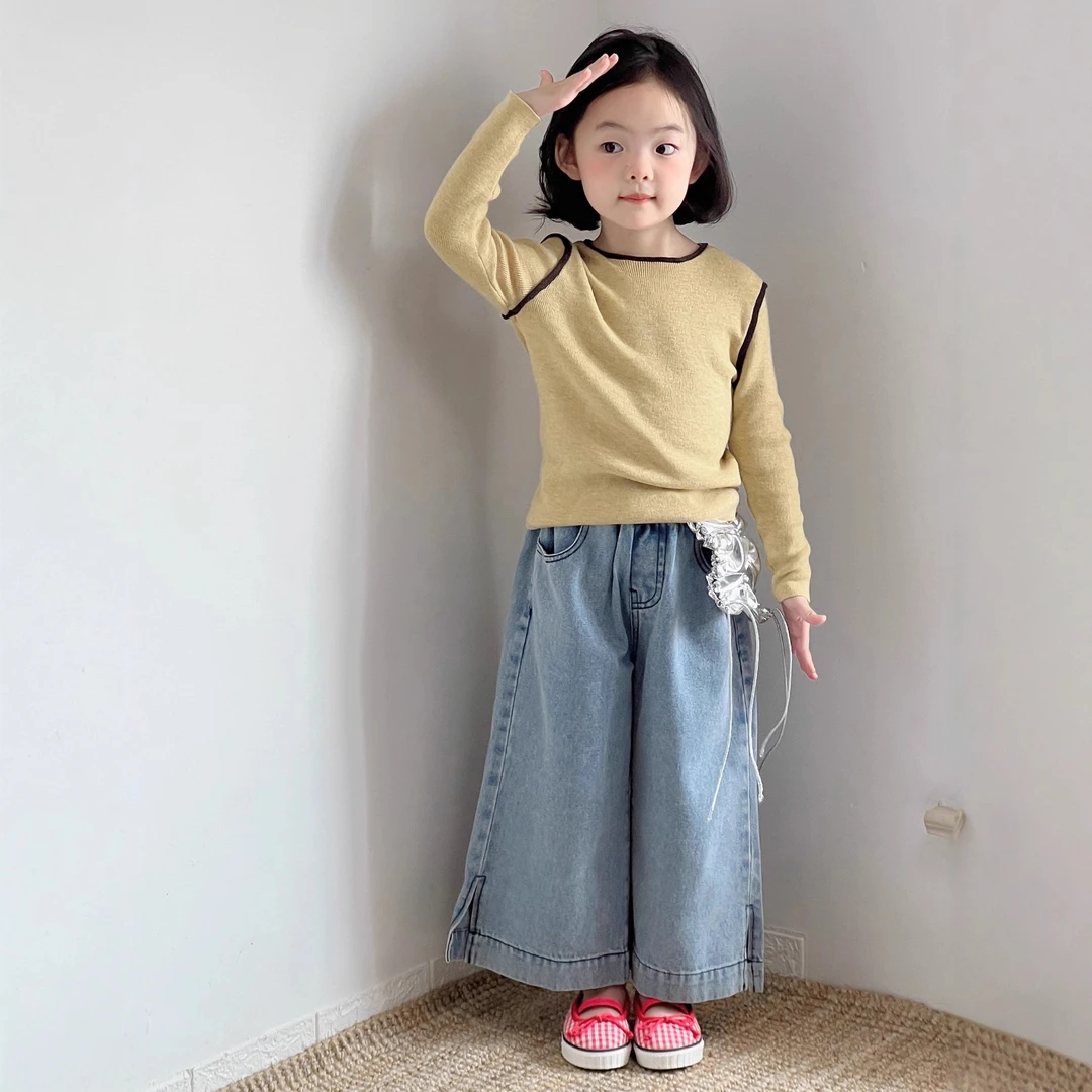 小思家2025秋装新款韩版洋气百搭女童假两件毛衣打底衫牛仔裤套装
