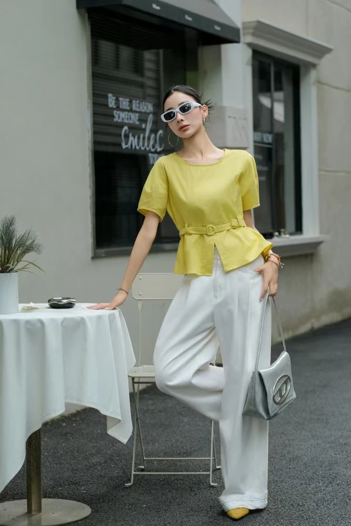 夏季新款圆领亚麻收腰短袖25165