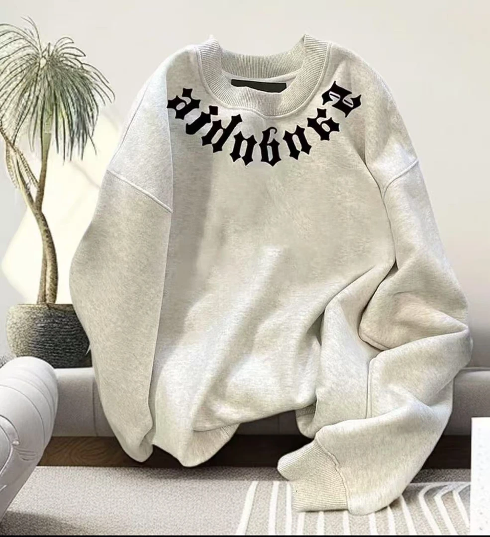 13圆领百搭套头秋冬慵懒风拼接冬季长袖印花卫衣字母宽松型ins