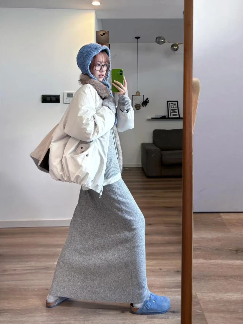 2026秋冬新款韩版毛毛领短裤外套灰色针织套装假两件毛衣半身裙