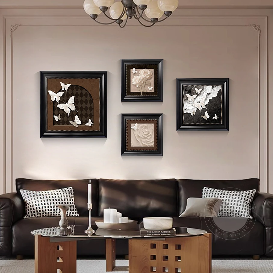 芙林达复古客厅装饰画蝴蝶花卉中古风高档组合挂画沙发背景墙壁画