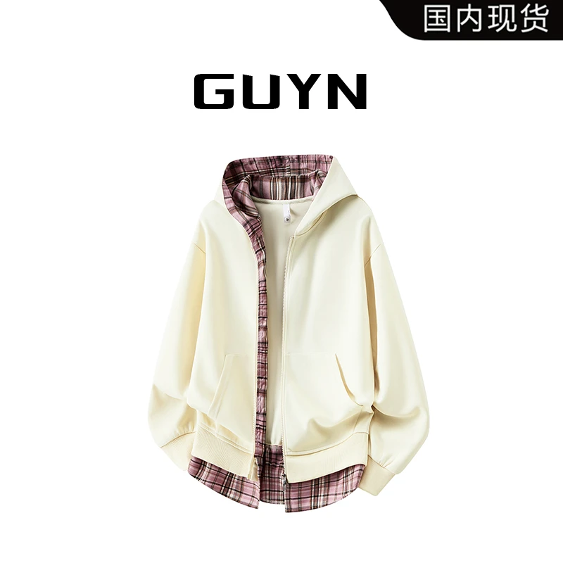 【品牌现货】GUYN连帽开衫卫衣秋季新款格子拼接宽松假两件情侣外套