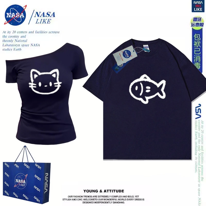 一长一短~不一样的情侣装斜肩T恤夏季2025新款高级感纯棉短袖上衣