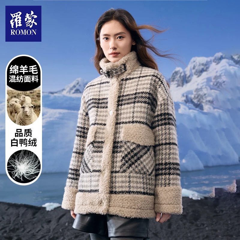 【QPGC】罗蒙冬日新款女士毛呢立领羽绒外套MNJ12161