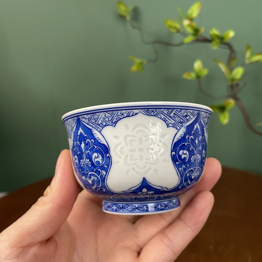 【陶月楼】精工青花玲珑冷冬如意纹炉式杯 景德镇手工手绘茶器茶具